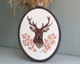 Finished handmade embroidery deer / embroidered deer head/ cross stitch deer hoop art/ wall decoration