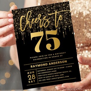 Cheers to 75th Birthday Invitation Template, Editable Any Age, BD75