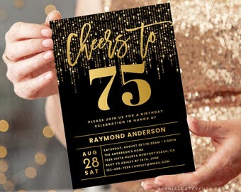 Cheers to 75th Birthday Invitation Template, Editable Any Age, BD75