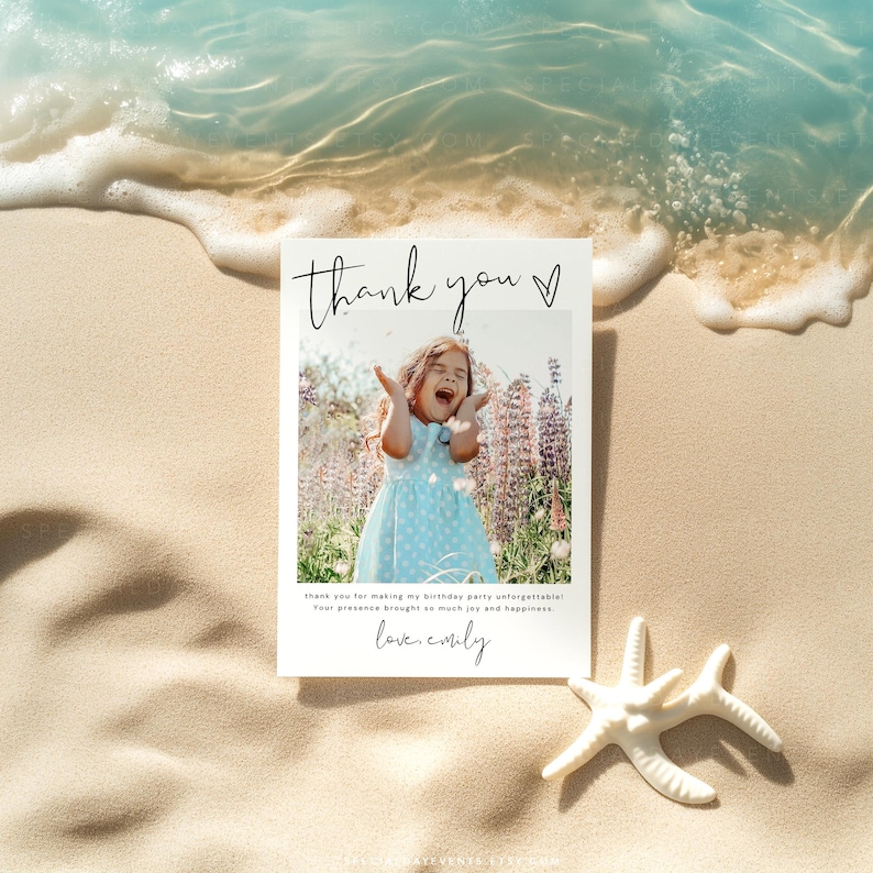 May include: A white card with the words "thank you" and a photo of a girl in a blue dress. The card also includes the text "thank you for making my birthday party unforgettable!" and "love, emily."