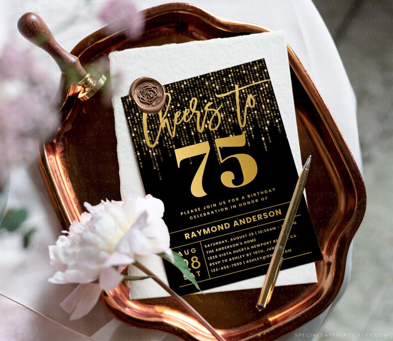Cheers to 75th Birthday Invitation Template, Editable Any Age, BD75 - Etsy