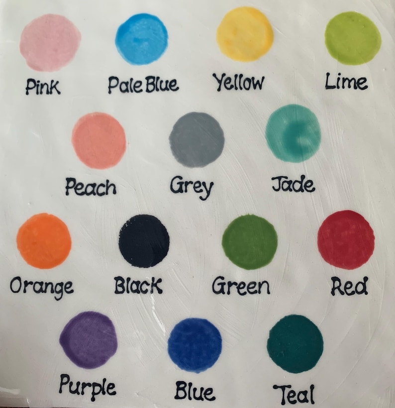May include: A color chart featuring fourteen circular paint swatches on a white background. Each swatch is labeled with black text: Pink, Pale Blue, Yellow, Lime, Peach, Grey, Jade, Orange, Black, Green, Red, Purple, Blue, and Teal.