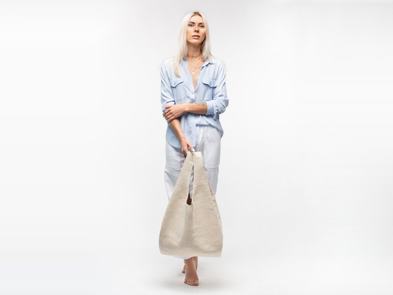 Beige shopper bag Tote bag made of natural materials Handmade bag with jute \u0421anvas bag Stylish shopper bag.Extra large bag