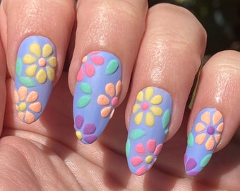 Hand painted textured flower press on nails