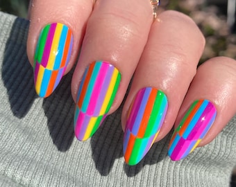 Hand Painted Abstract Rainbow French Press On Nails