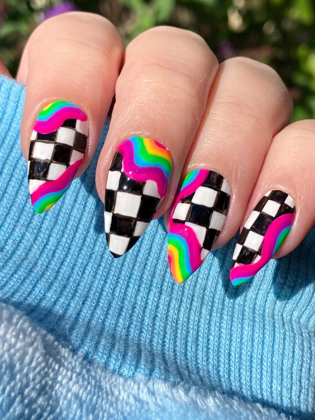 Hand Painted Checkered Rainbow Drip Press on Nails - Etsy