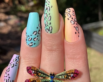 Hand Painted Rainbow Gradient Cheetah Print Press On Nails with Glitter Spots