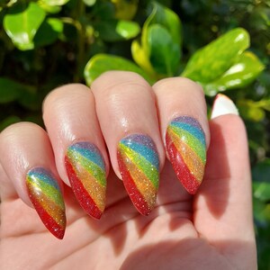 Hand painted reflective glitter rainbow press on nails
