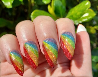 Hand painted reflective glitter rainbow press on nails