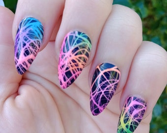 Neon rainbow web press on nails