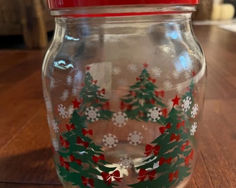 Vintage Christmas Anchor Hocking Christmas Tree Jar with Red Lid Holiday Snowing and Xmas Trees Cookie Treat Jar 1/2 Gallon