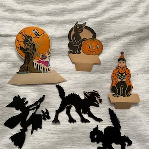 Vintage Halloween Tally Card 1920’s-1930’s Die Cut Child in Clown Costume with Black Cat, Full Moon with Owl, Black Cat Pumpkin Cardboard