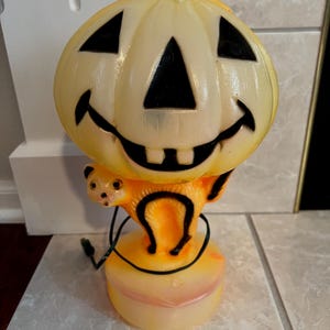 Vintage Halloween Bayshore Cat Blow Mold Pumpkin Lamp Jack O Lantern Tabletop Light 1960&#39;s
