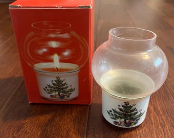 Vintage Christmas Christmastime Nikko Porcelain Hurricane Lamp Christmas Tree Candle Light 1980’s