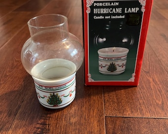 Vintage Christmas Holiday Trim Porcelain Hurricane Lamp Christmas Tree Joy Noel Cheer 1980’s