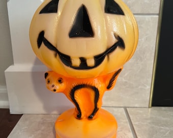 Vintage Halloween Bayshore Cat Blow Mold Pumpkin Lamp Jack O Lantern Tabletop Light 1960's