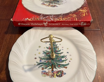 Vintage Christmas Nikko Happy Holidays Serving Tray with Post Handle 10.5” Christmas Tree Serving Platter