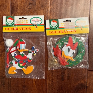 2 Vintage Christmas Ornaments Disney Kurt S Adler Wooden Ornaments Donald Duck Daisy Sealed in Original Package Santa’s World Decoration