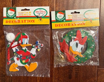 2 Vintage Christmas Ornaments Disney Kurt S Adler Wooden Ornaments Donald Duck Daisy Sealed in Original Package Santa’s World Decoration