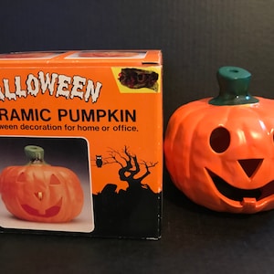 Vintage Halloween Ceramic Pumpkin Candle Holder Jack O Lantern with Original Box