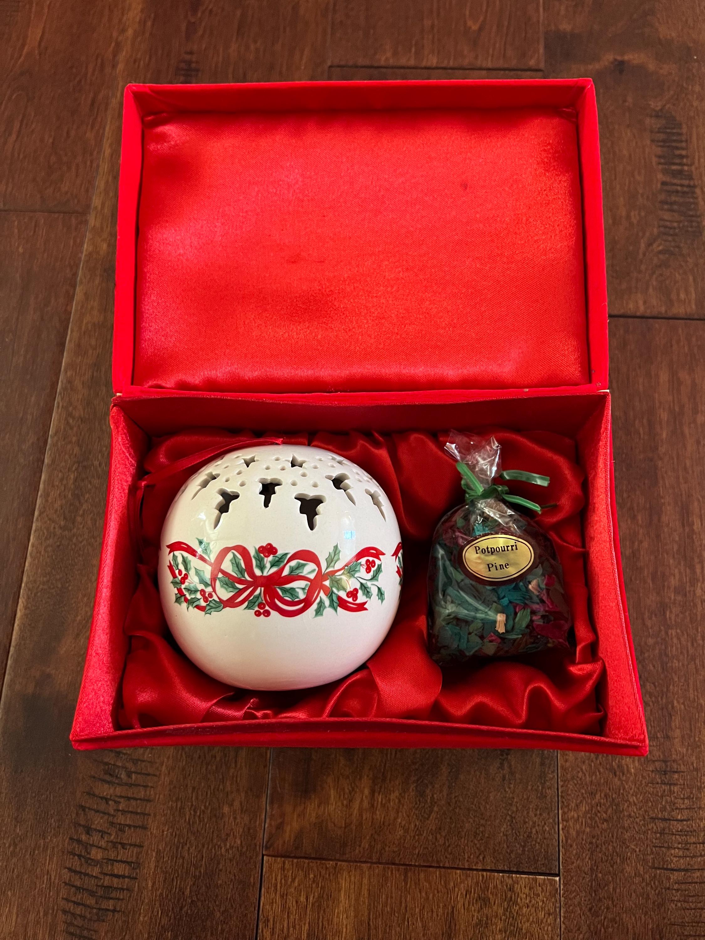 Vintage Christmas Madison Avenue Ribbon Holly Poinsettia Pomander Ball Ornament with Pine Scented Potpourri with Gift Box