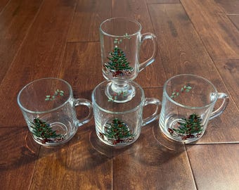 SET OF 4 Vintage Christmas Luminarc Noel Glass Christmas Tree Mugs Holiday Cups Holly and Berry Glasses
