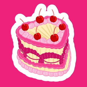 VINTAGE HEART CAKE Kersenkersen Roze glazuur Slagroom Bakken Retro Little Hearts Valentijnsdag BFFs Vday Sticker en/of bladwijzer