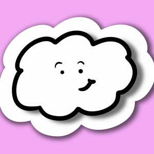 Pegatina para portátil resistente a la intemperie con la palabra HAPPY LITTLE CLOUD y sonrisa divertida