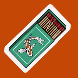 Caixa de fósforos Koi Fish Matchbox, fósforos clássicos vintage, coleção de fósforos, laranja, branco, azul, verde, azul-petróleo, preto, adesivo com desenho