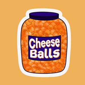 CONTAINER KAASBALLEN Cheesy Snacks Grappig eten Oranje en blauwe Cheeseballs Cheeseball Lekker Lekker Leuk Leuke sticker