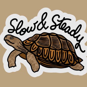 LANGZAAM EN STABIEL Wint de race Schildpad en de haas Doorzettingsvermogen Blijf doorgaan Aanmoedigingscadeau Sticker door Aesopus fabels geïnspireerd