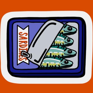 SARDINEN BLECHDOSE Sardine Fischdose Niedlich Süß Zeichnung Orange Blau Teal Weiß Rot Gelb und Schwarz Aufkleber