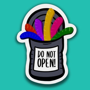 Sticker blikje wormen: regenboog leuk helder niet openen