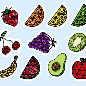 FRUITS GÉOMÉTRIQUES Vitrail Fraise Orange Citron Lime Tranche Cerise Kiwi Avocat Raisin Pastèque Banane Sticker coloré