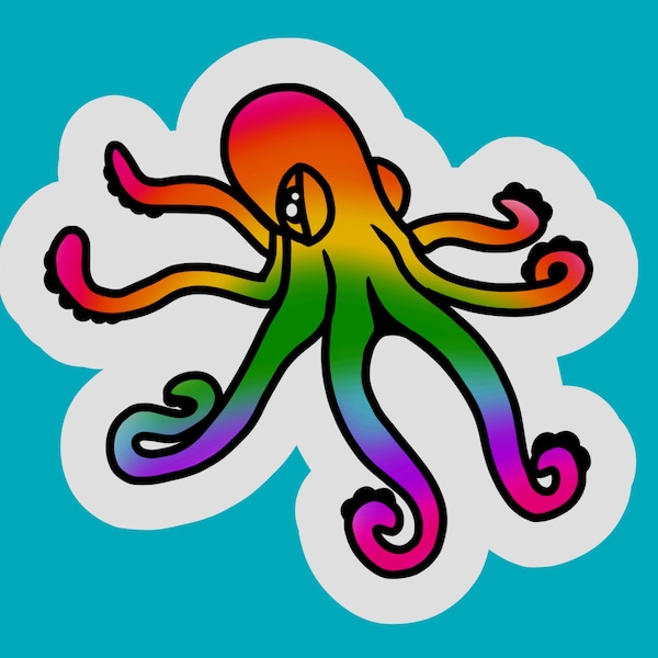 RAINBOW OCTOPUS Outline Drawing Bright Fun Sea Creature Sea Life Ocean Unique Animal Pretty Colorful Sticker