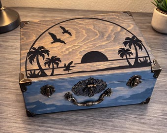 Beach Jewelry Box, Palm Tree Keepsake Box, Wooden Memory Chest, Coastal Decor Storage Box, Handmade Gift for Her