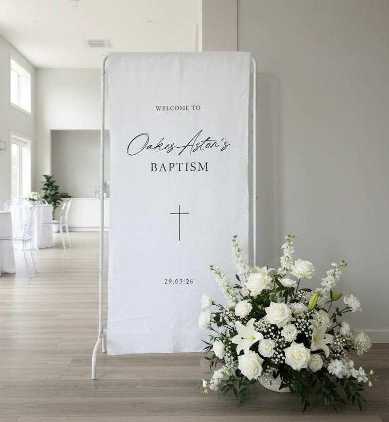 Very Basic House Icon Baptism Linen Signage | Baptism Welcome Sign | Christening Fabric ...