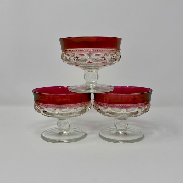 Set of 3 Vintage Indiana Glass Company Kings Crown Thumbprint Ruby Red Flash Champagne Glass, Coupe Glasses, Sherbet Dessert Glasses