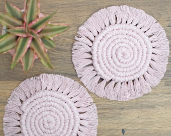 Blush pink macrame coaster sets for boho home office desk, campervan coffee station or guest bedroom bedside table. Cute balcony accessories