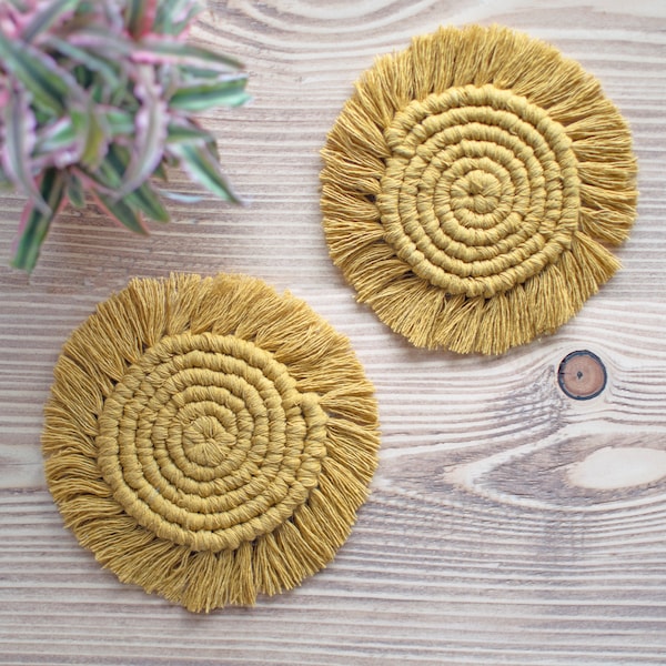 Mustard macrame coaster sets for boho balcony apartment, campervan living or hygge home office. Cute cup mat for patio deck bistro table