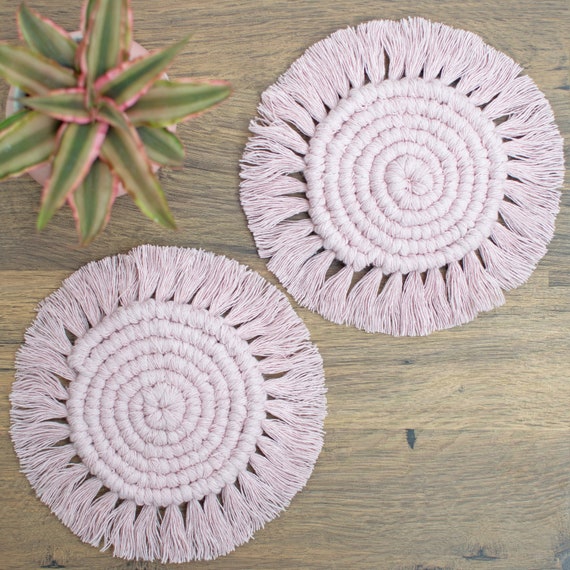 Blush Pink Desk Accessories for Women. Boho Work Space Home Office Decor.  Macrame Coaster With Fringe for Coffee Mug. Cosy Hygge Placemat 