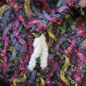 Puede incluir: Tela negra con un patrón de notas musicales de colores. La tela tiene un ribete peludo blanco.
