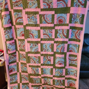 Handmade Quilt in Pink and Green Geo Print Queen Size