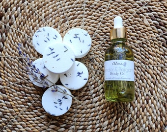 Lavender Body oil & Lavender shower steamer gift set + spa gift + Aromatherapy + Shower melts + self care box + massage oil