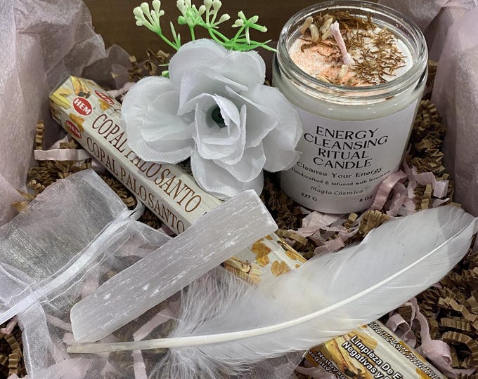 Cleansing Ritual Kit | Energy Cleansing Candle Set | Spiritual Gift for Emotional Reset | Crystal, Palo Santo Incense & Feather