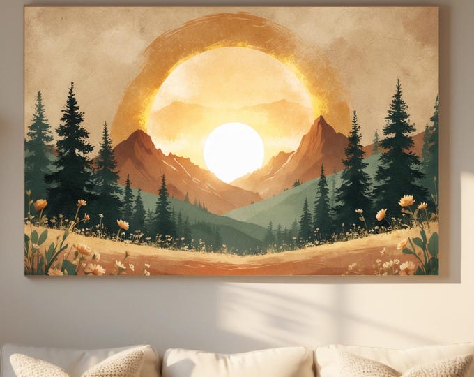 Spiritual Canvas Wall Art, Mountain Sunset Landscape, Neutral Earth Tone Decor, Nature Inspired Living Room Art, Calming Energy Home Accent