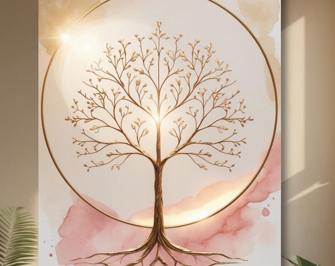 Gold Tree of Life Canvas Wall Art | Spiritual Boho Decor | Zen Minimalist Wall Art | Healing Space Artwork | Neutral Aesthetic Room Decor