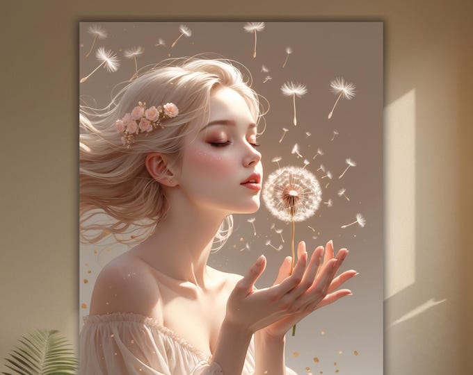 Dandelion Wish Wall Art, Soft Feminine Canvas Print, Healing Energy Decor, Neutral Beige Aesthetic, Calm Spa Wall Art, Manifestation Art