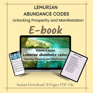 May include: A digital e-book cover with a blue and green image of a river and rocks. The title is "Lemurian Abundance Codes: Unlocking Prosperity and Manifestation". The text "Instant Download 31 Pages PDF File" is at the bottom of the cover.