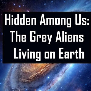 May include: E-book cover featuring a galaxy background and the text "Hidden Among Us: The Grey Aliens Living on Earth".